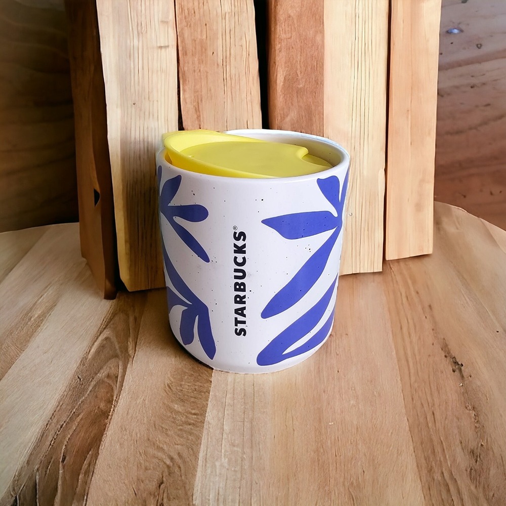 Starbucks Mother's Day 2021 Mug Cup Off White w/Blue Floral & Yellow Lid 8 oz